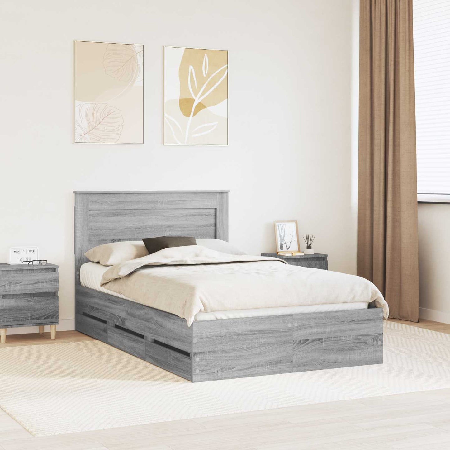 vidaXL Bed Frame with Drawer Grey Sonoma 120 x 190 cm Engineer Wood 1