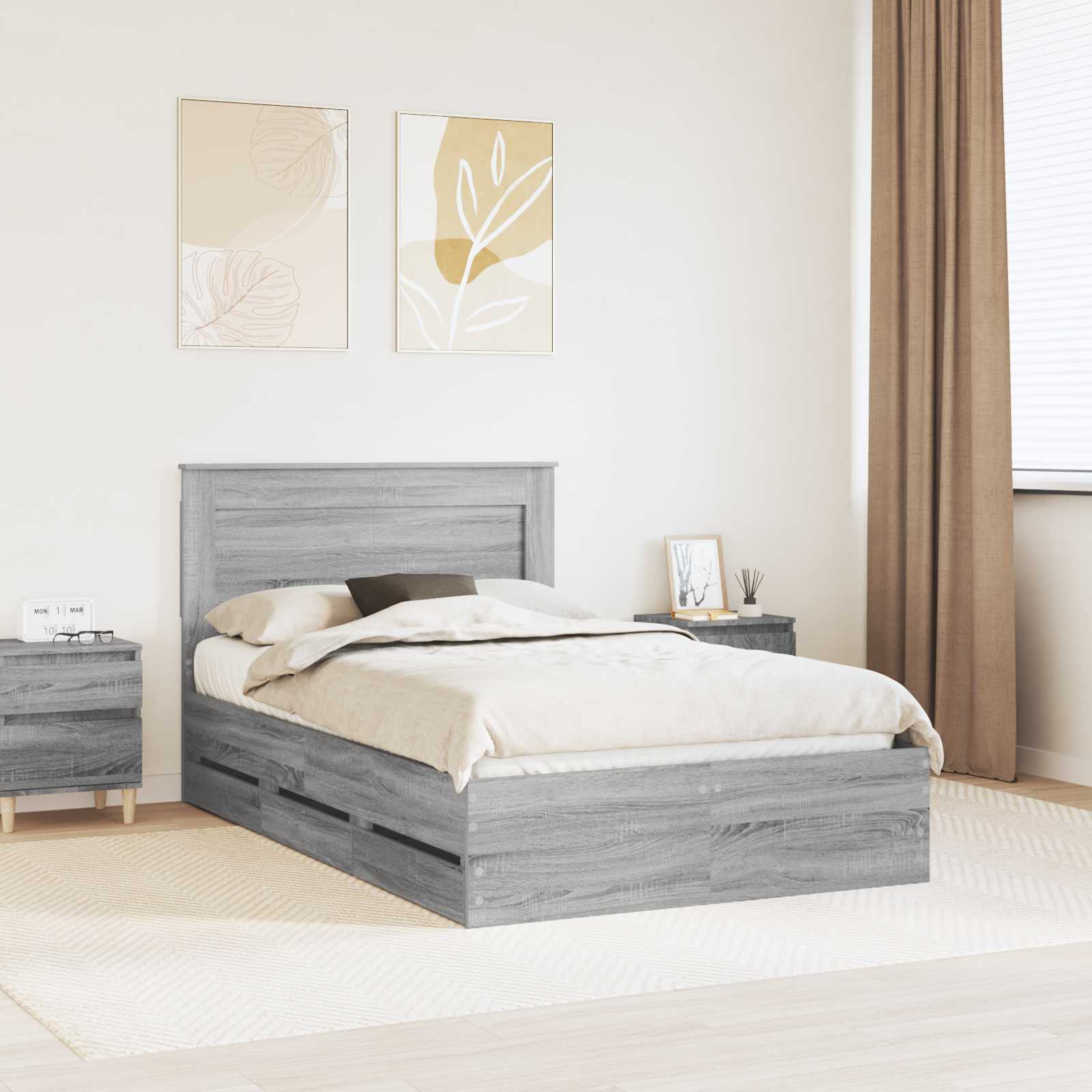 vidaXL Bed Frame with Drawer Grey Sonoma 120 x 190 cm Engineer Wood 1