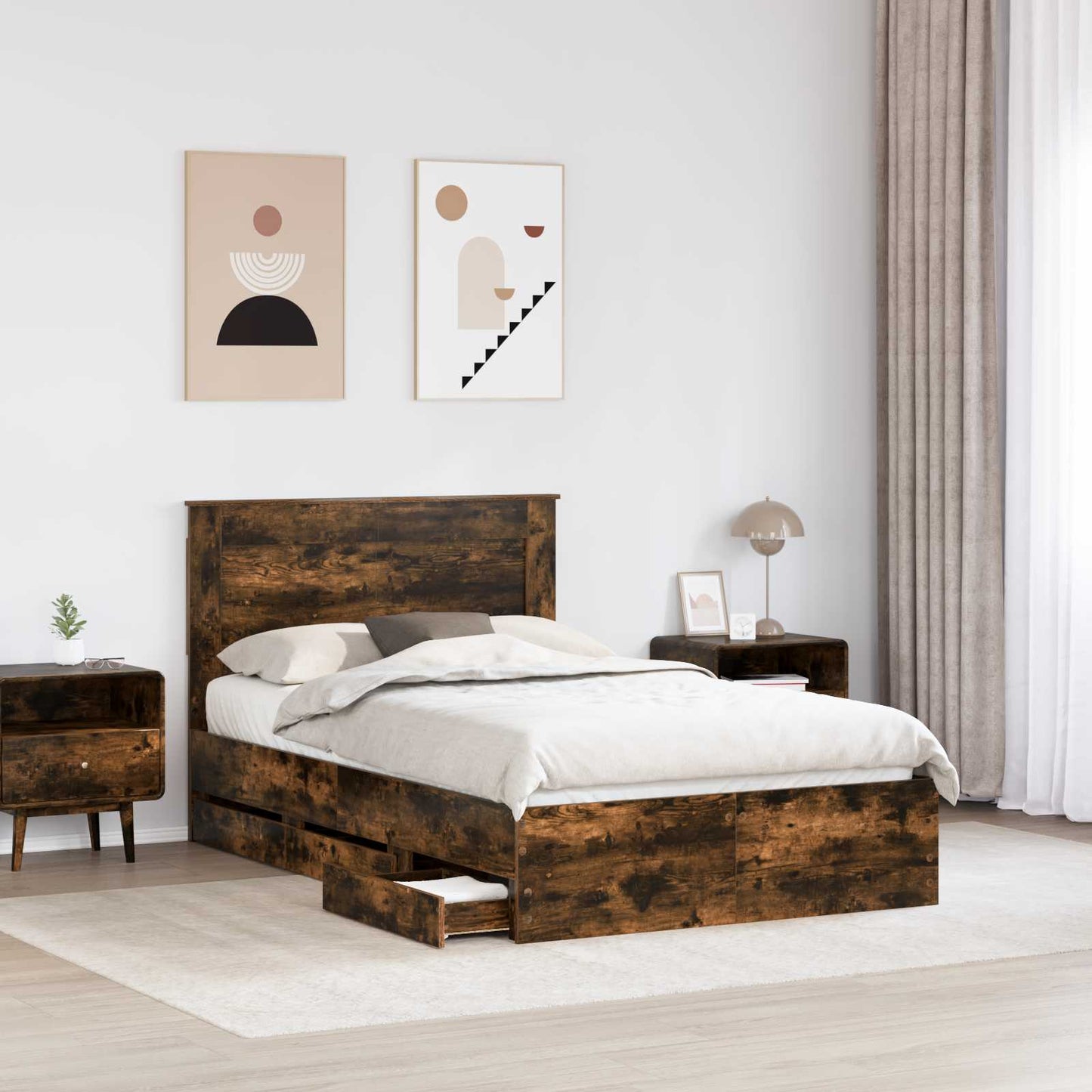 vidaXL Bed Frame with Drawer Smoked Oak 120 x 200 cm Engineer Wood 3