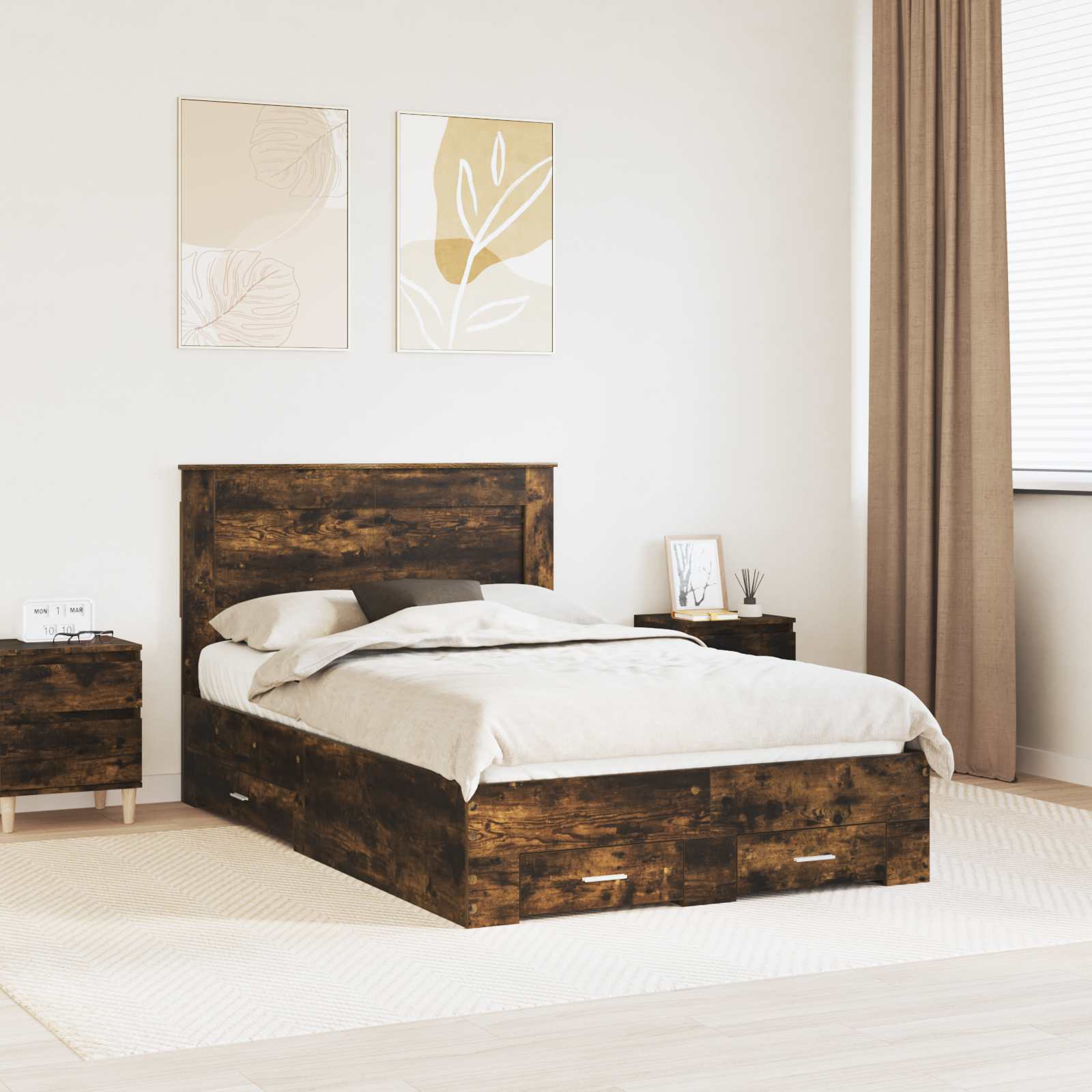 vidaXL Bed Frame with Drawer Smoked Oak 120 x 200 cm Engineered Wood 1