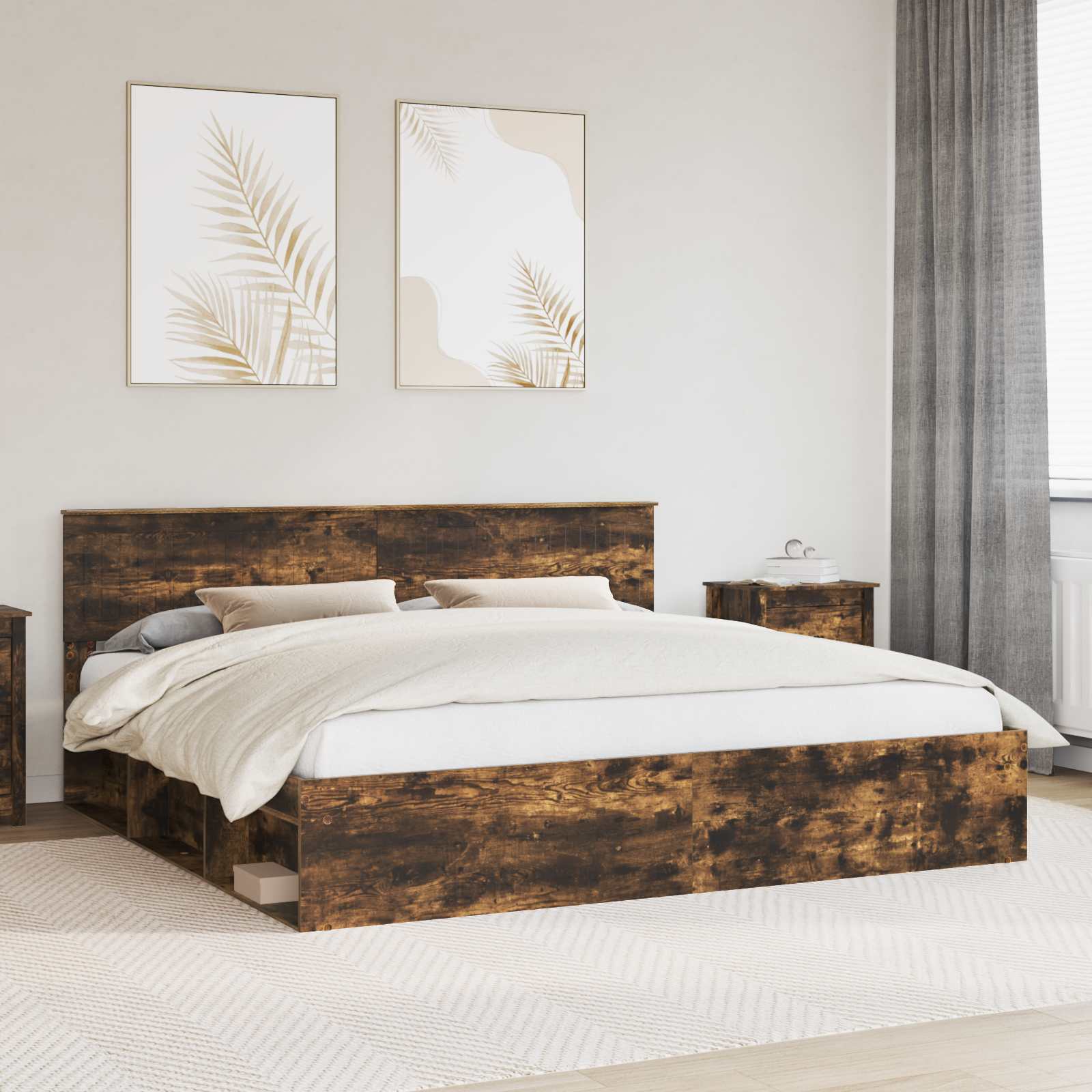 vidaXL Bed Frame Smoked Oak 200 x 200 cm Solid Pine Wood 1