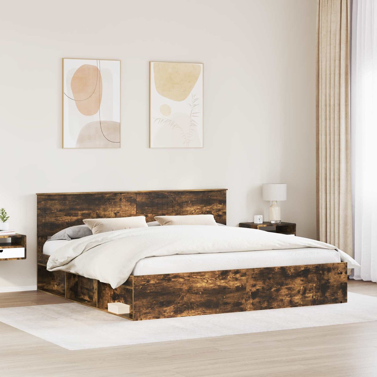 vidaXL Bed Frame Smoked Oak 200 x 200 cm Solid Pine Wood 3