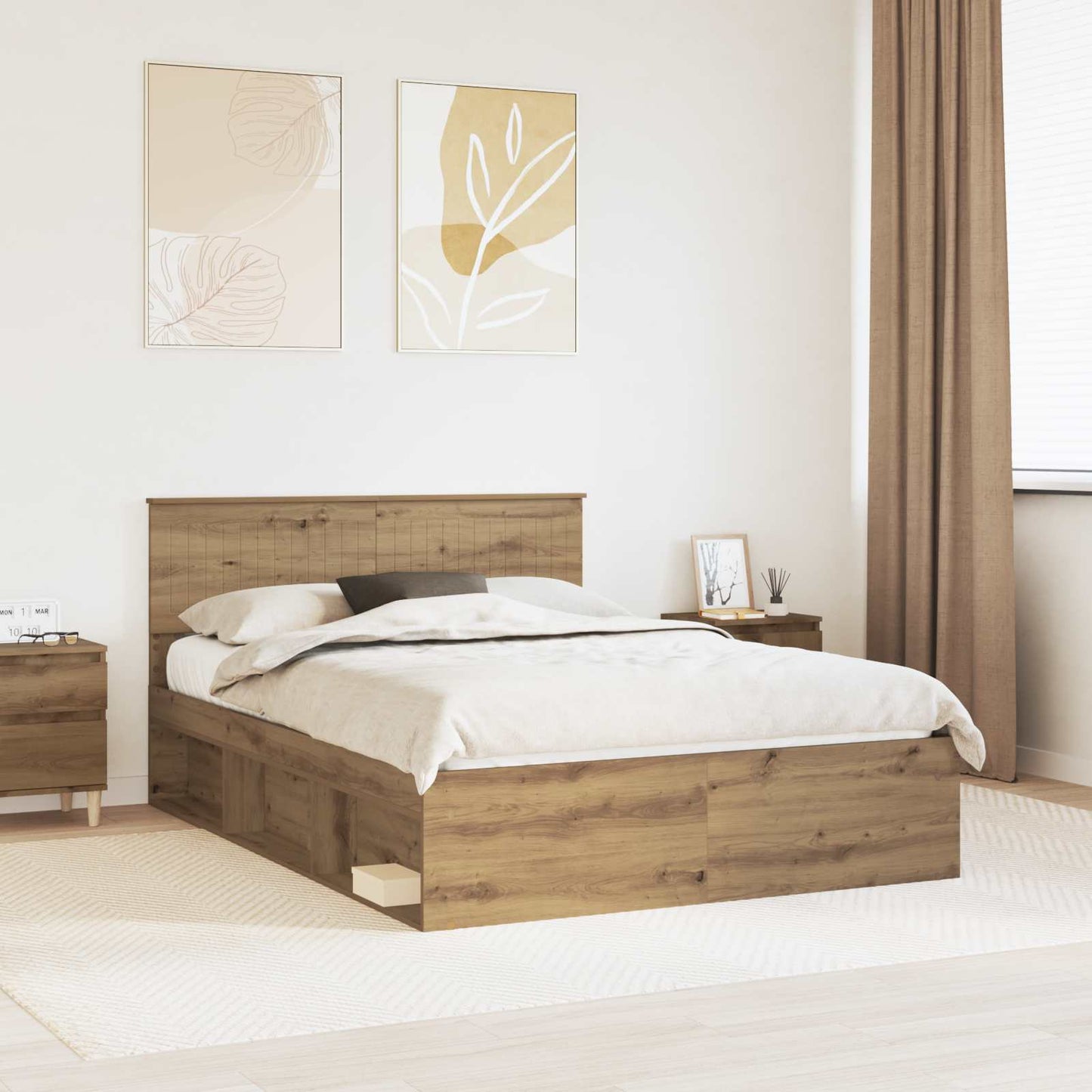 vidaXL Bed Frame Artisian Oak 135 x 190 cm Solid Pine Wood 1