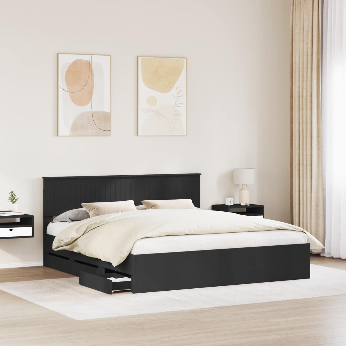 Bed Frame with Drawer Engineer Wood Length 200 cm Black 180 cm