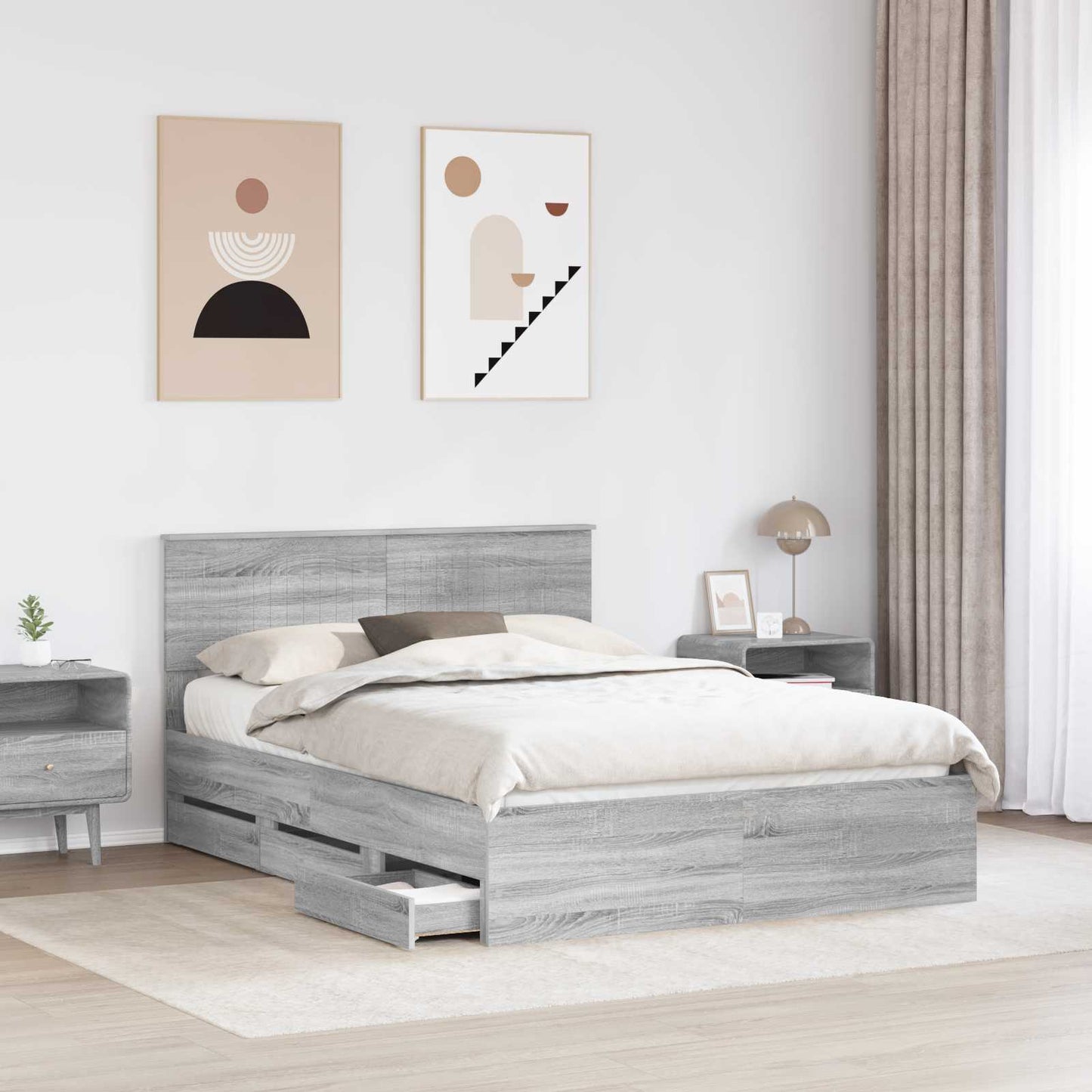 vidaXL Bed Frame with Drawer Grey Sonoma 140 x 200 cm Engineer Wood 3