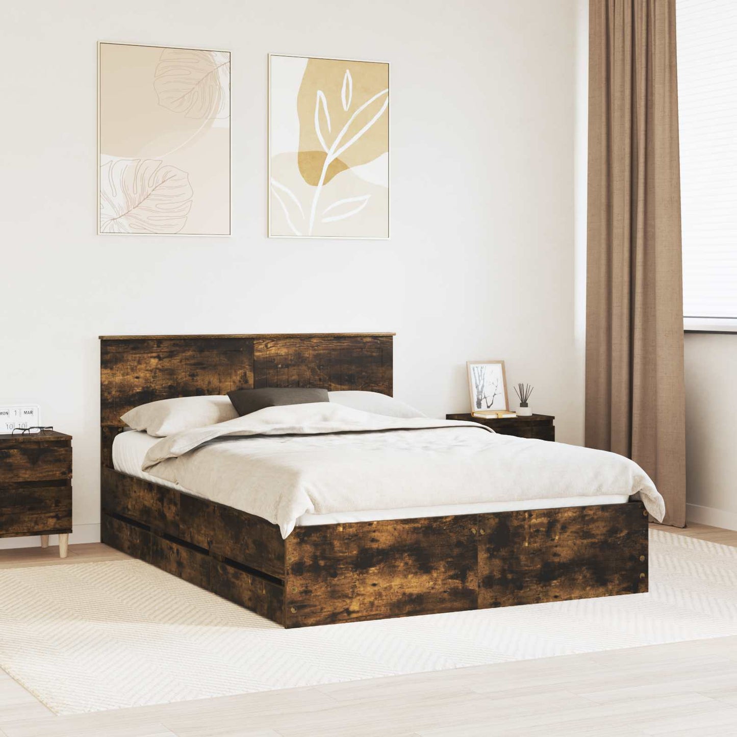 vidaXL Bed Frame with Drawer Smoked Oak 140 x 190 cm Engineer Wood 1