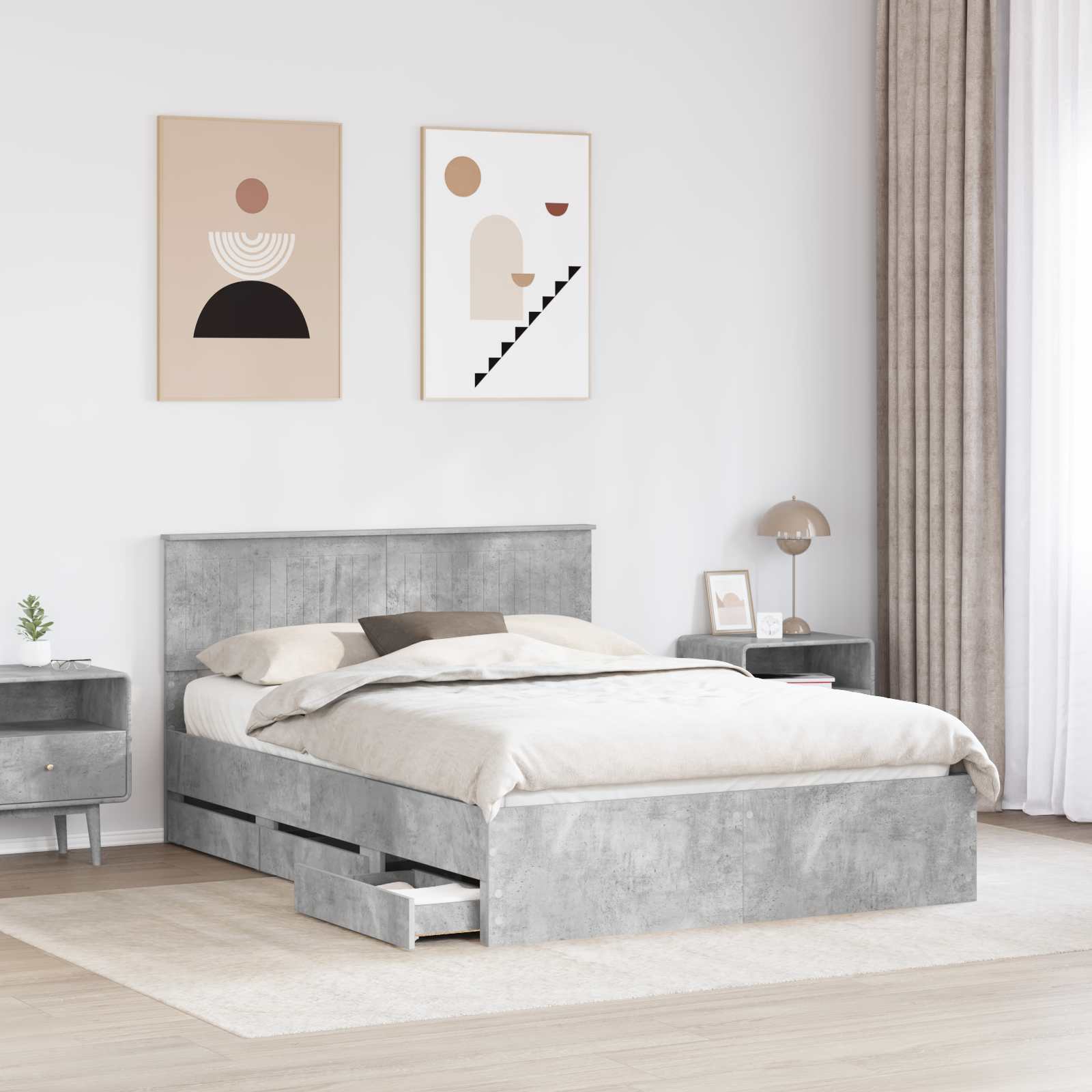 vidaXL Bed Frame with Drawer Concrete Grey 135 x 190 cm Engineer Wood 3