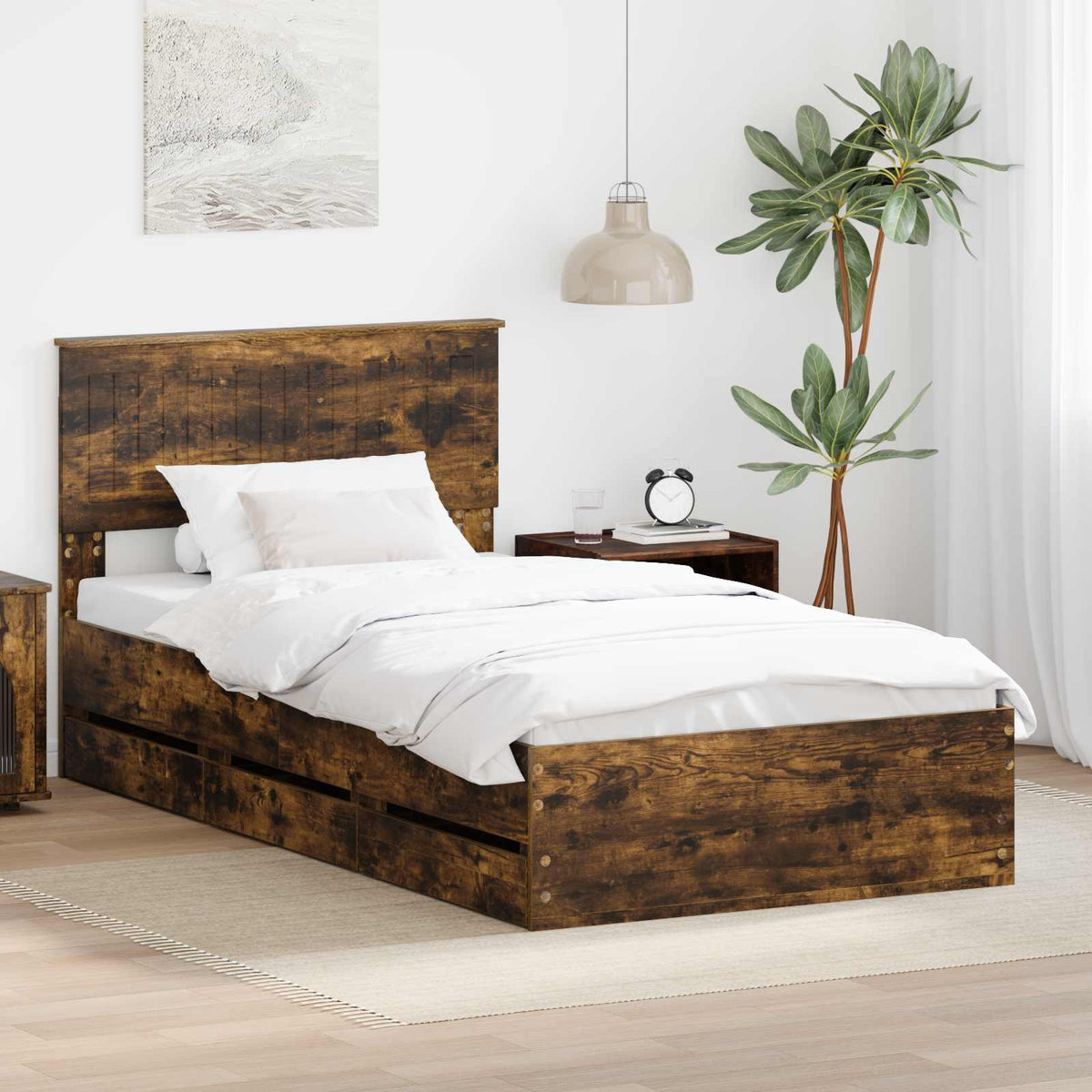 Bed Frame with Drawer Engineer Wood Length 200 cm Smoked Oak 100 cm