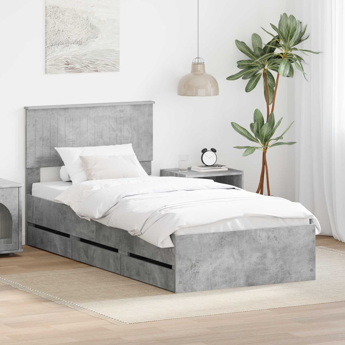 vidaXL Bed Frame with Drawer Engineer Wood Length 200 cm Concrete grey