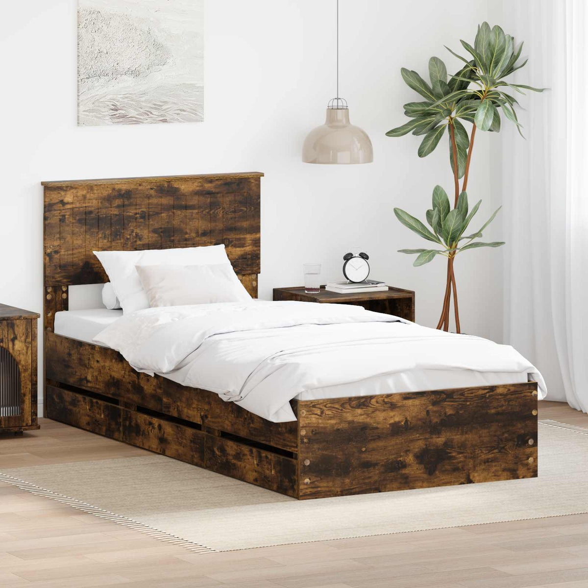 Bed Frame with Drawer Engineer Wood Length 200 cm Smoked Oak 90 cm