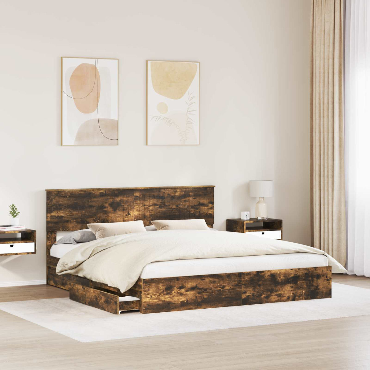 vidaXL Storage Bed with Drawer Smoked Oak 180 x 200 cm Engineered Wood 3