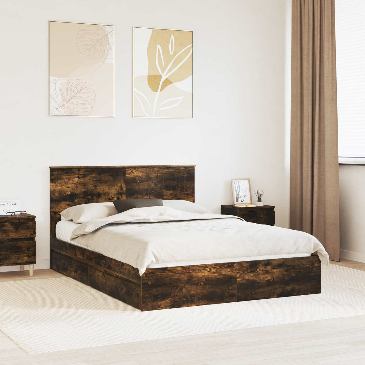 Storage Bed with Drawer Engineered Wood Length 190 cm Smoked oak 135 cm