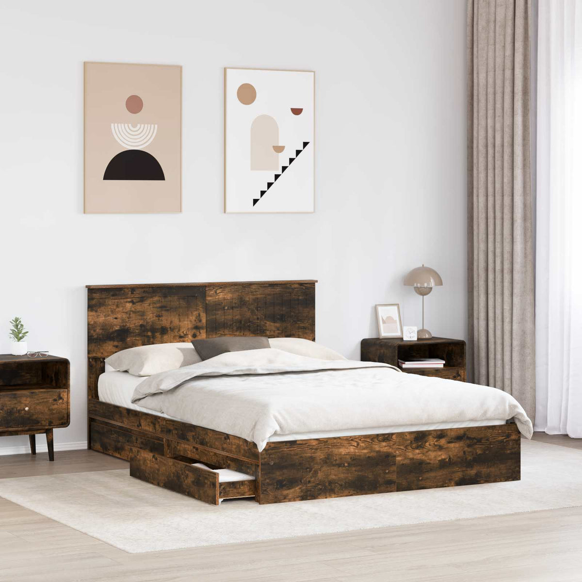 Storage Bed with Drawer Engineered Wood Length 190 cm Smoked oak 135 cm