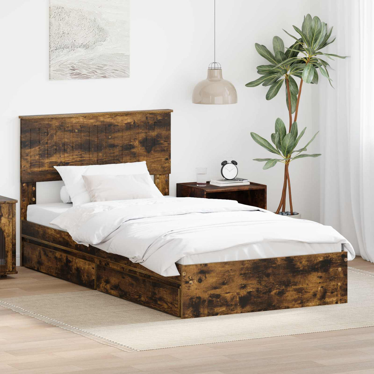 Storage Bed with Drawer Engineered Wood Length 200 cm Smoked Oak 100 cm