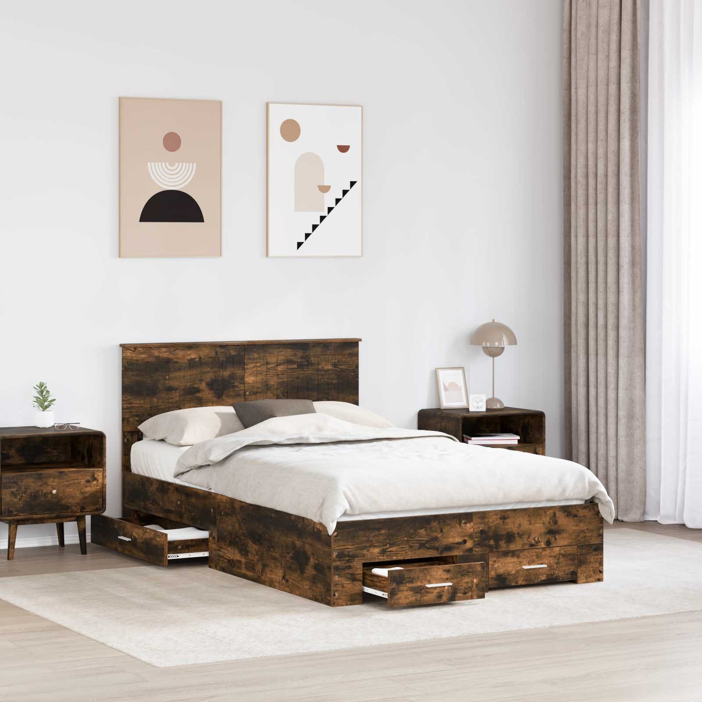 vidaXL Bed Frame with Drawer Smoked Oak 120 x 200 cm Engineered Wood 3
