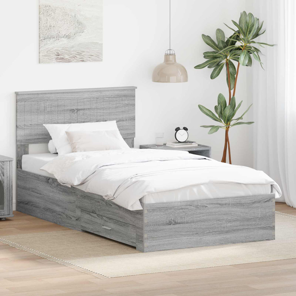 vidaXL Bed Frame with Drawer Engineered Wood Length 200 cm Grey sonoma