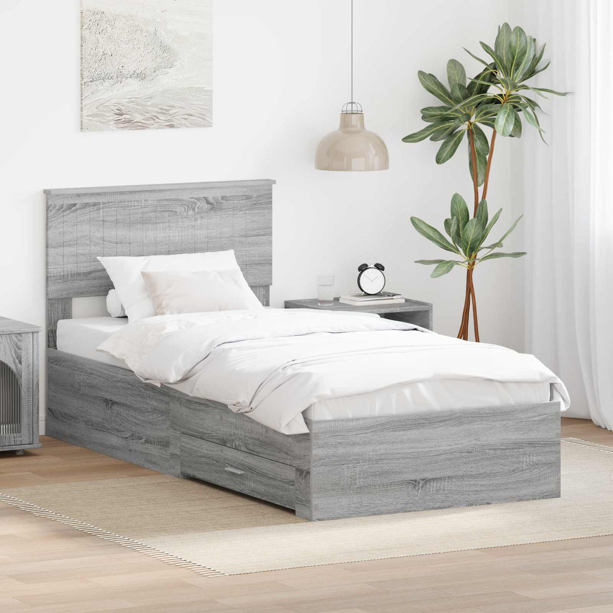 vidaXL Bed Frame with Drawer Engineered Wood Length 200 cm Grey sonoma