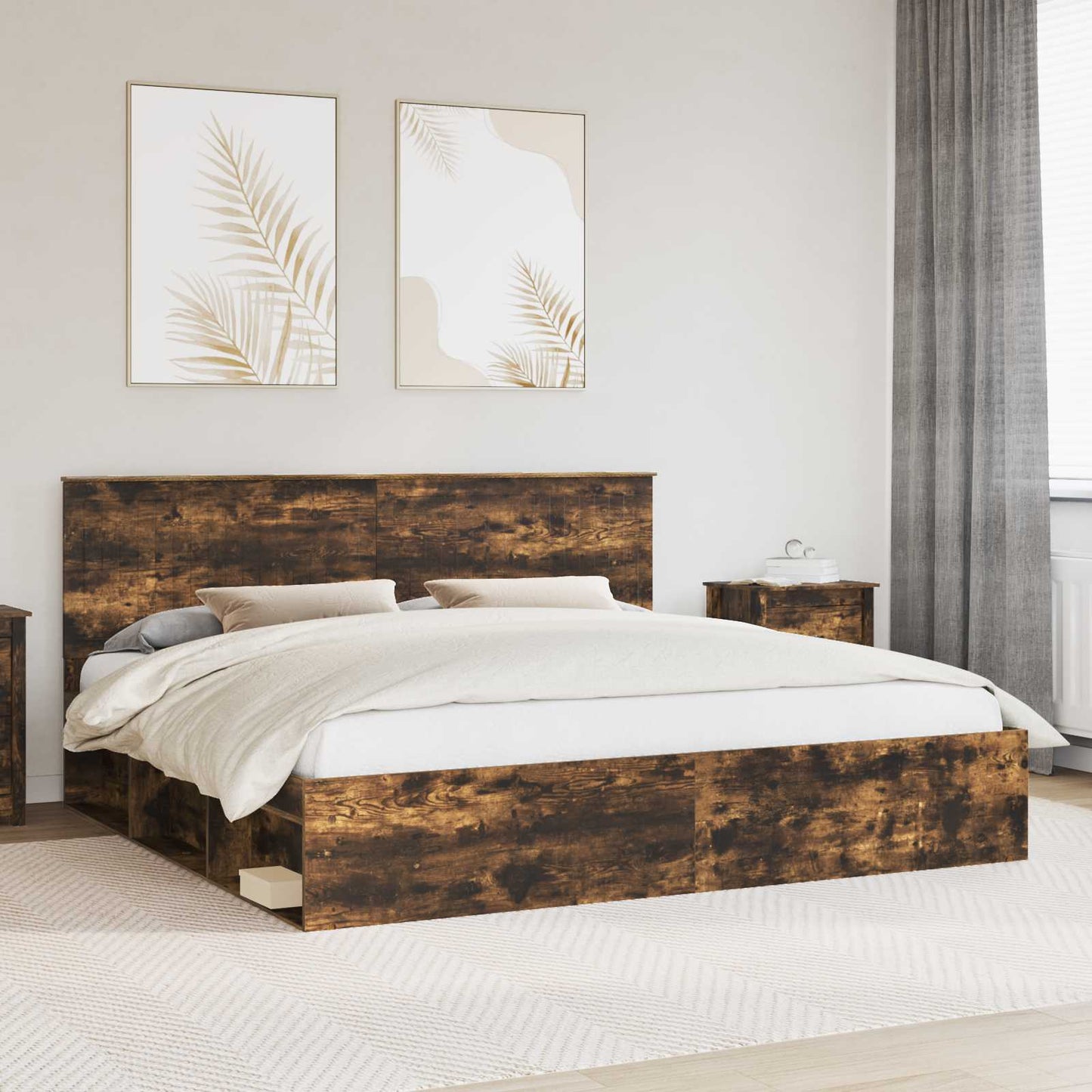 vidaXL Bed Frame Smoked Oak 200 x 200 cm Solid Pine Wood 1