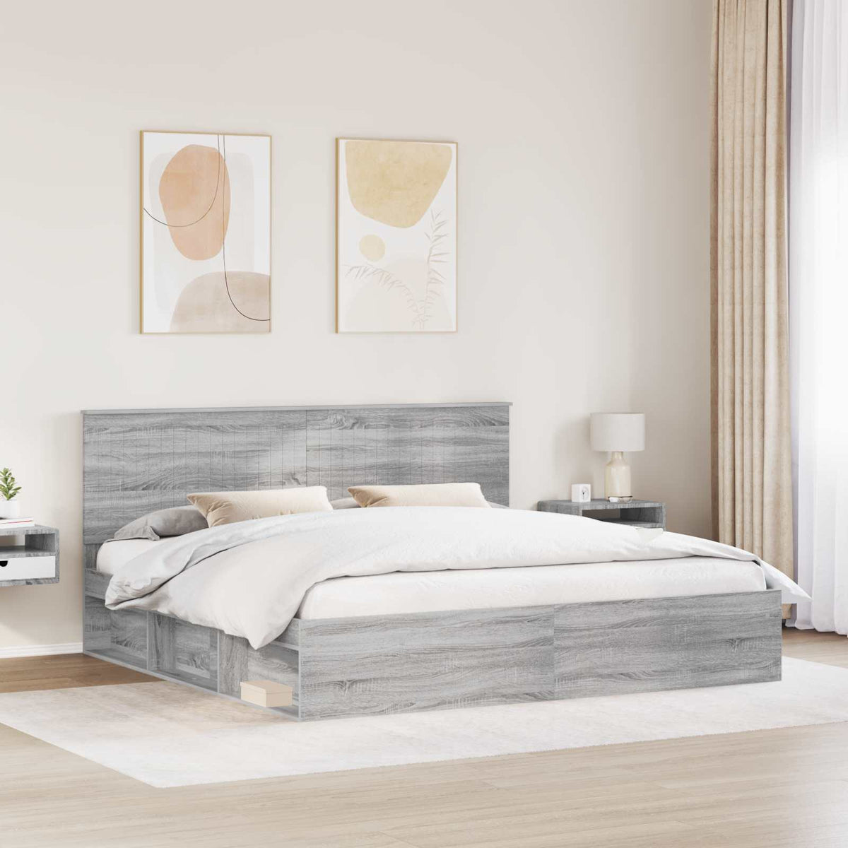 Bed Frame 200 x 200 cm Solid Pine Wood Length 200 cm Width 200 cm Grey sonoma