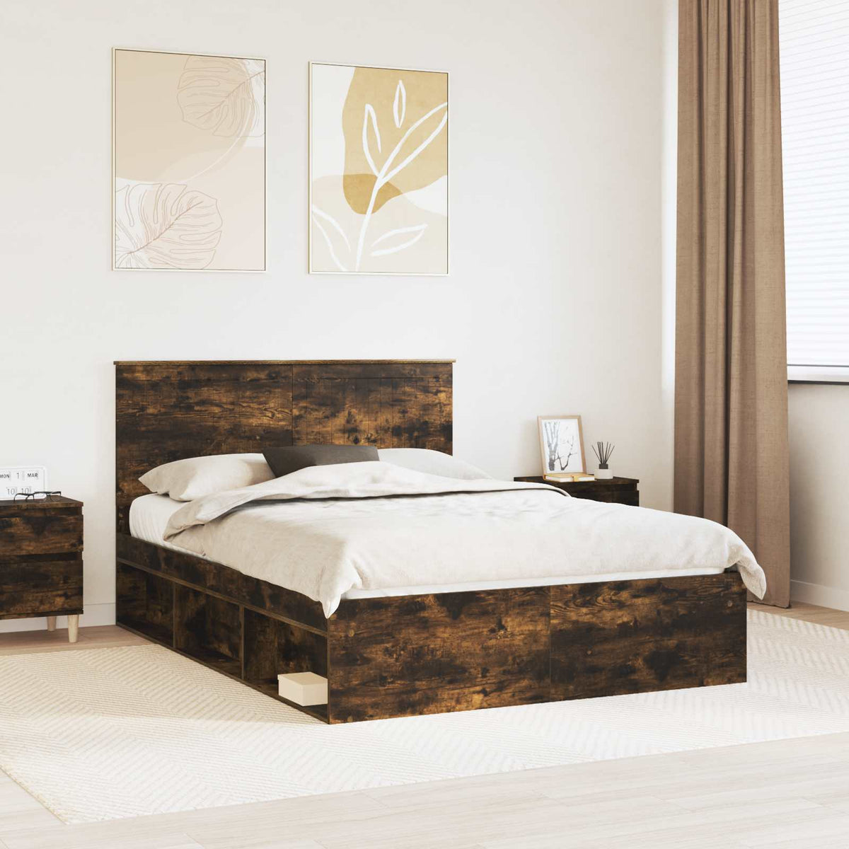 vidaXL Bed Frame Smoked Oak 135 x 190 cm Solid Pine Wood 1