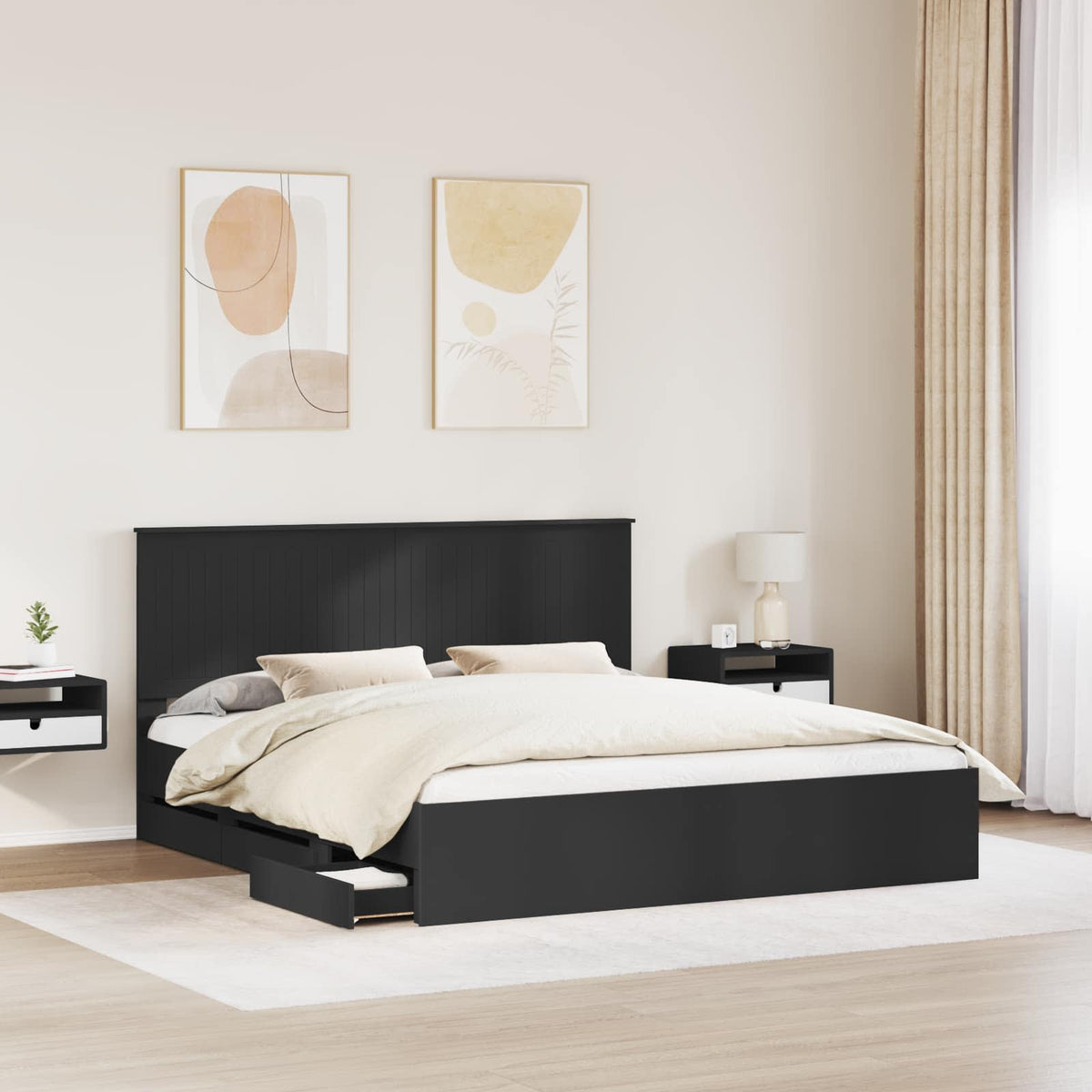 Bed Frame with Drawer Engineer Wood Length 200 cm Black 180 cm
