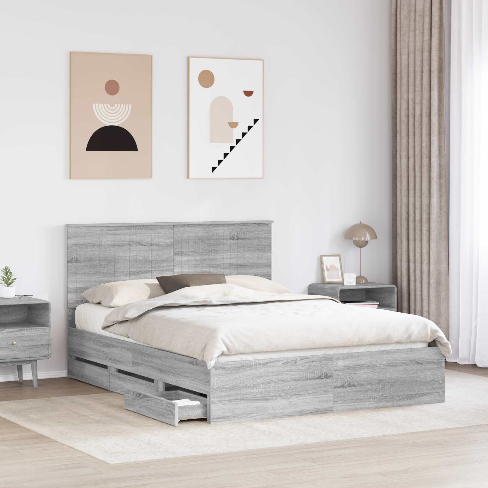 vidaXL Bed Frame with Drawer Grey Sonoma 150 x 200 cm Engineer Wood 3