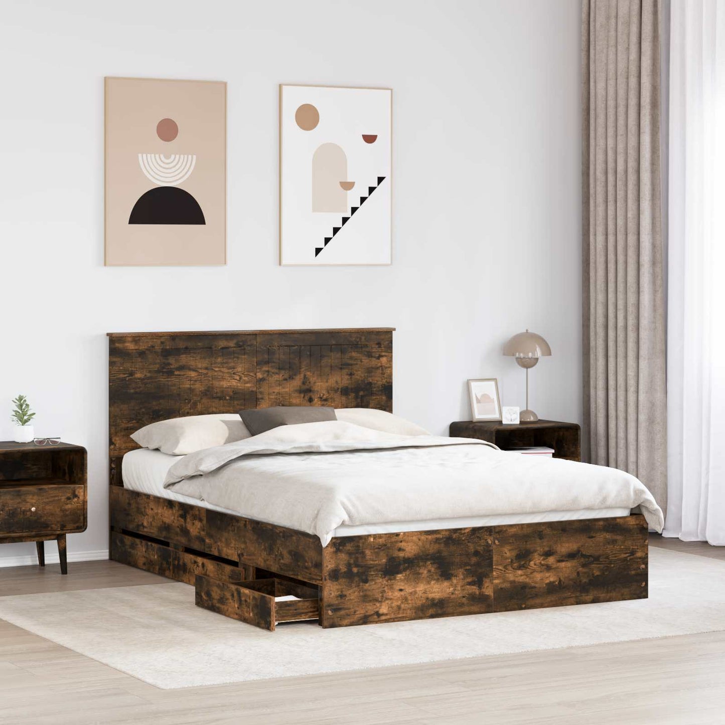 vidaXL Bed Frame with Drawer Smoked Oak 140 x 200 cm Engineer Wood 3