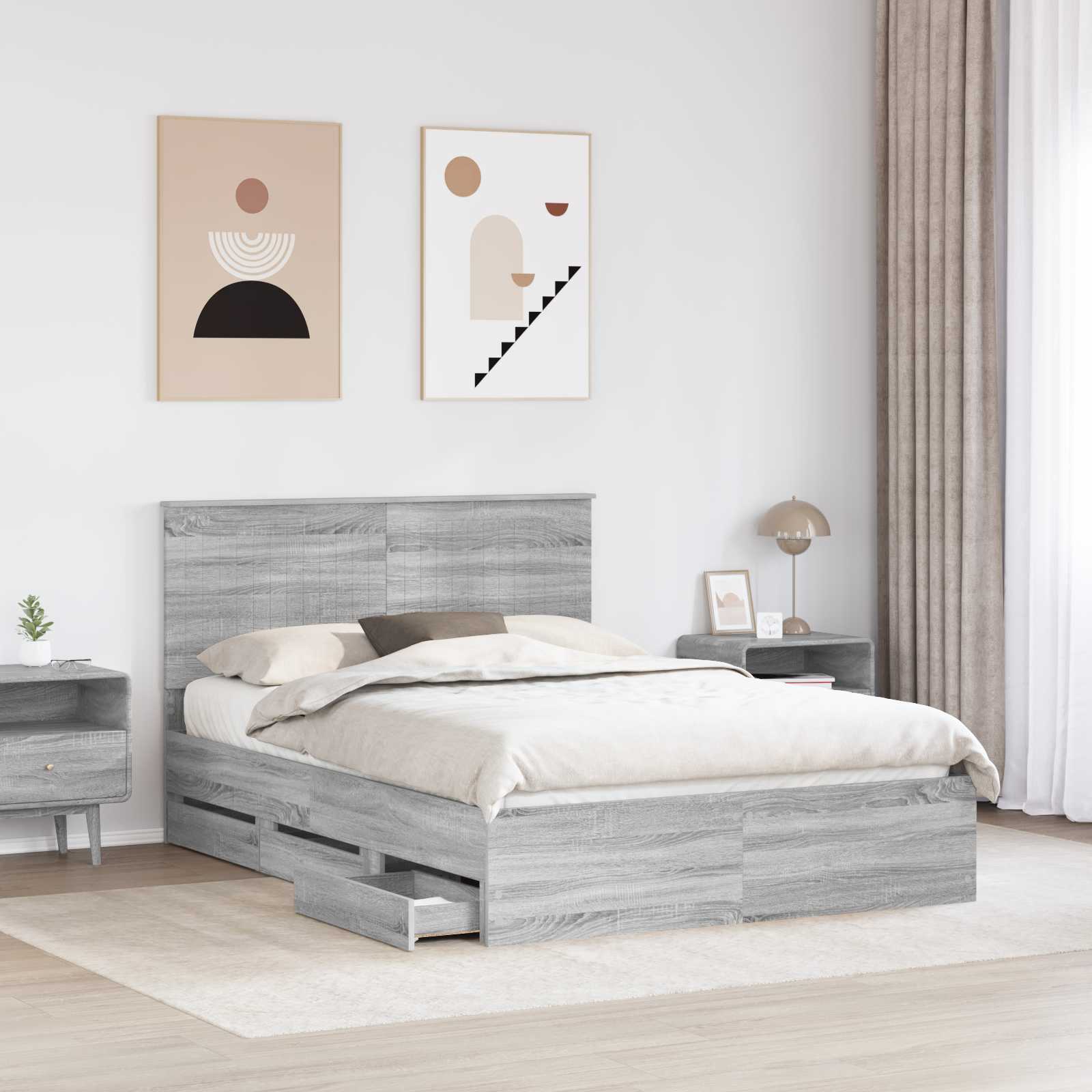 vidaXL Bed Frame with Drawer Grey Sonoma 140 x 200 cm Engineer Wood 3