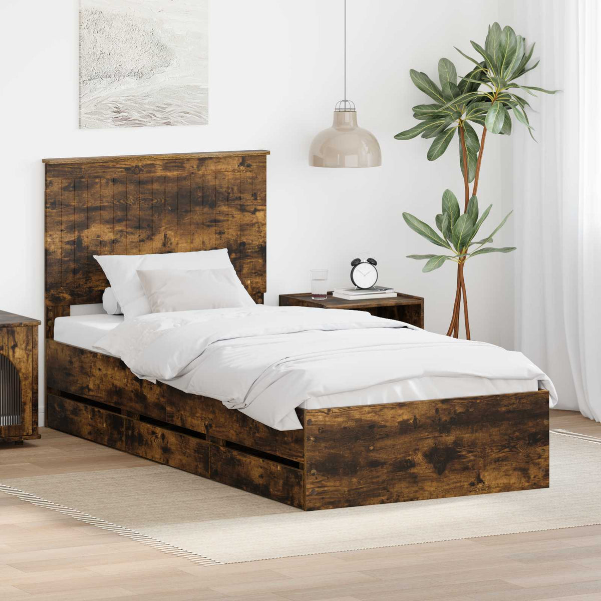 Bed Frame with Drawer Engineer Wood Length 200 cm Smoked Oak 90 cm