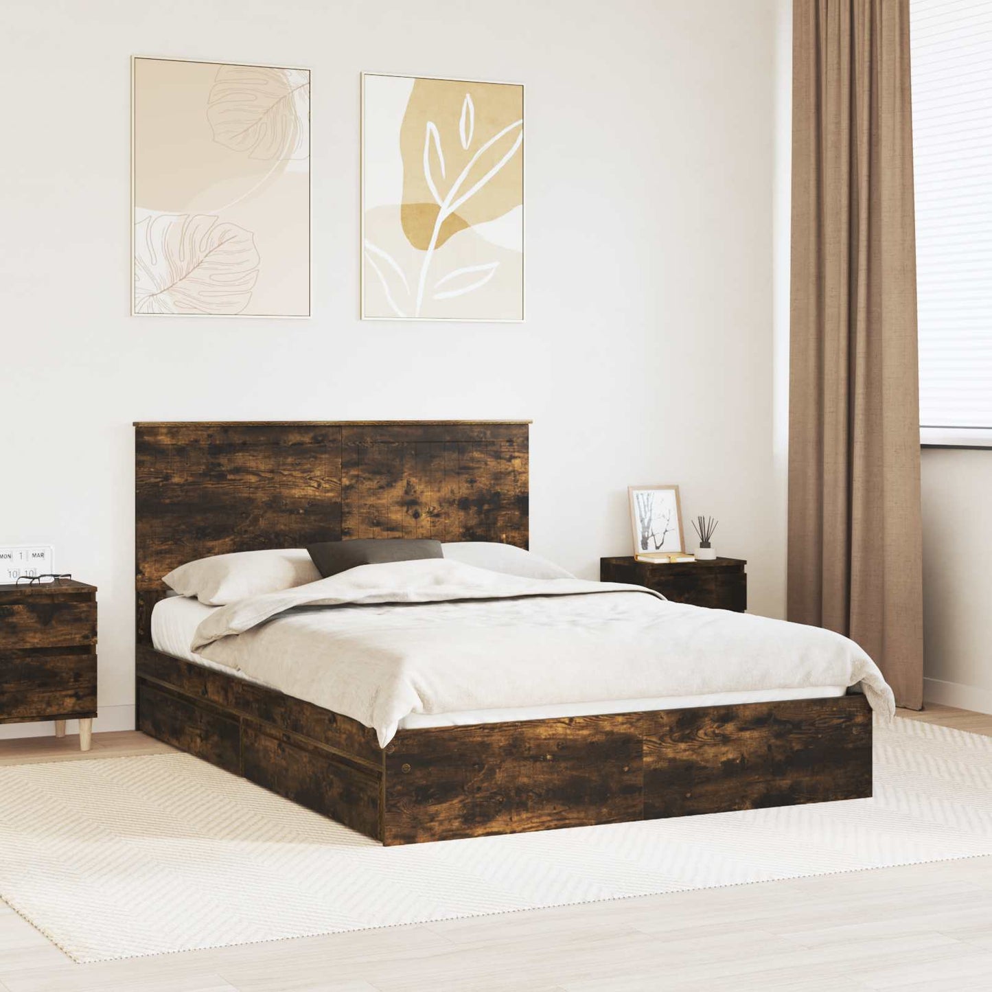 vidaXL Storage Bed with Drawer Smoked Oak 135 x 190 cm Engineered Wood 1