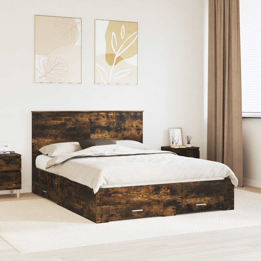 vidaXL Bed Frame with Drawer Smoked Oak 150 x 200 cm Engineered Wood 1