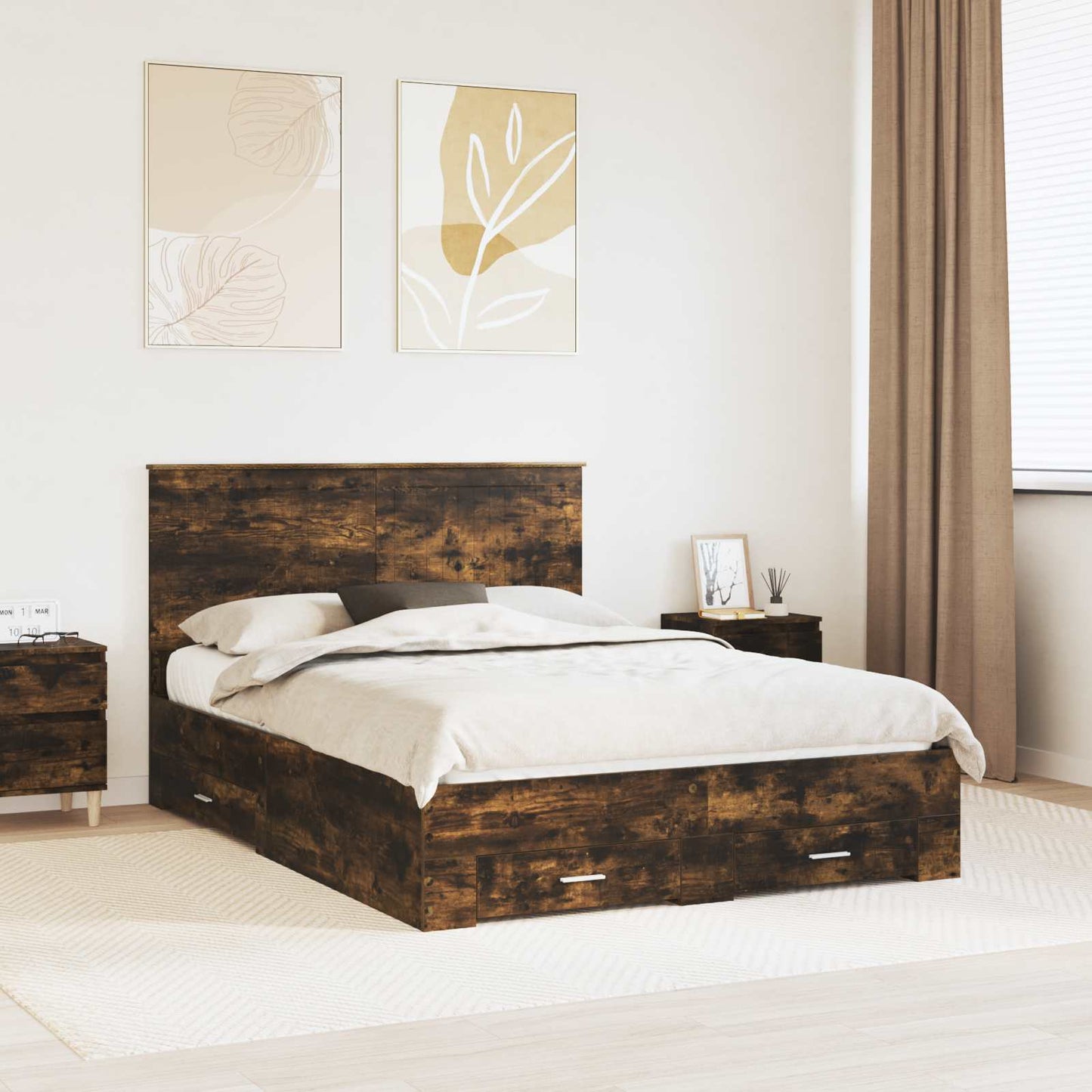 vidaXL Bed Frame with Drawer Smoked Oak 140 x 190 cm Engineered Wood 1