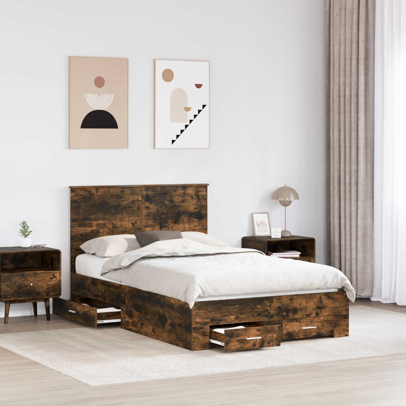 vidaXL Bed Frame with Drawer Smoked Oak 120 x 200 cm Engineered Wood 3