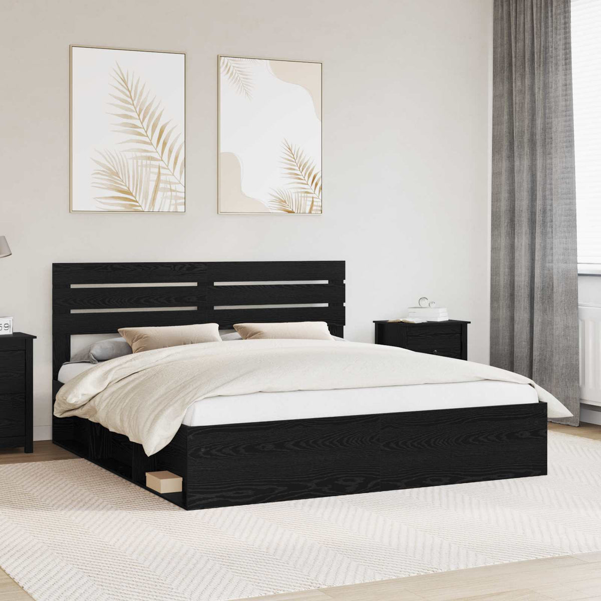 vidaXL Bed Frame with Headboard Black 200 x 200 cm Solid Pine Wood 1
