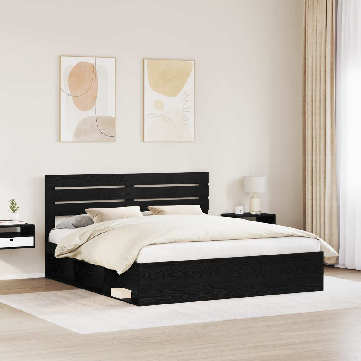 vidaXL Bed Frame with Headboard Black 200 x 200 cm Solid Pine Wood 3