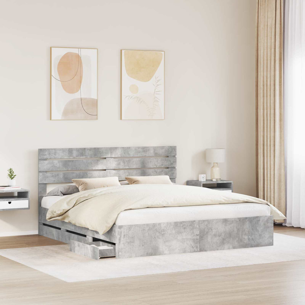 vidaXL Bed Frame with Drawer Concrete Grey 200 x 200 cm Engineer Wood 3