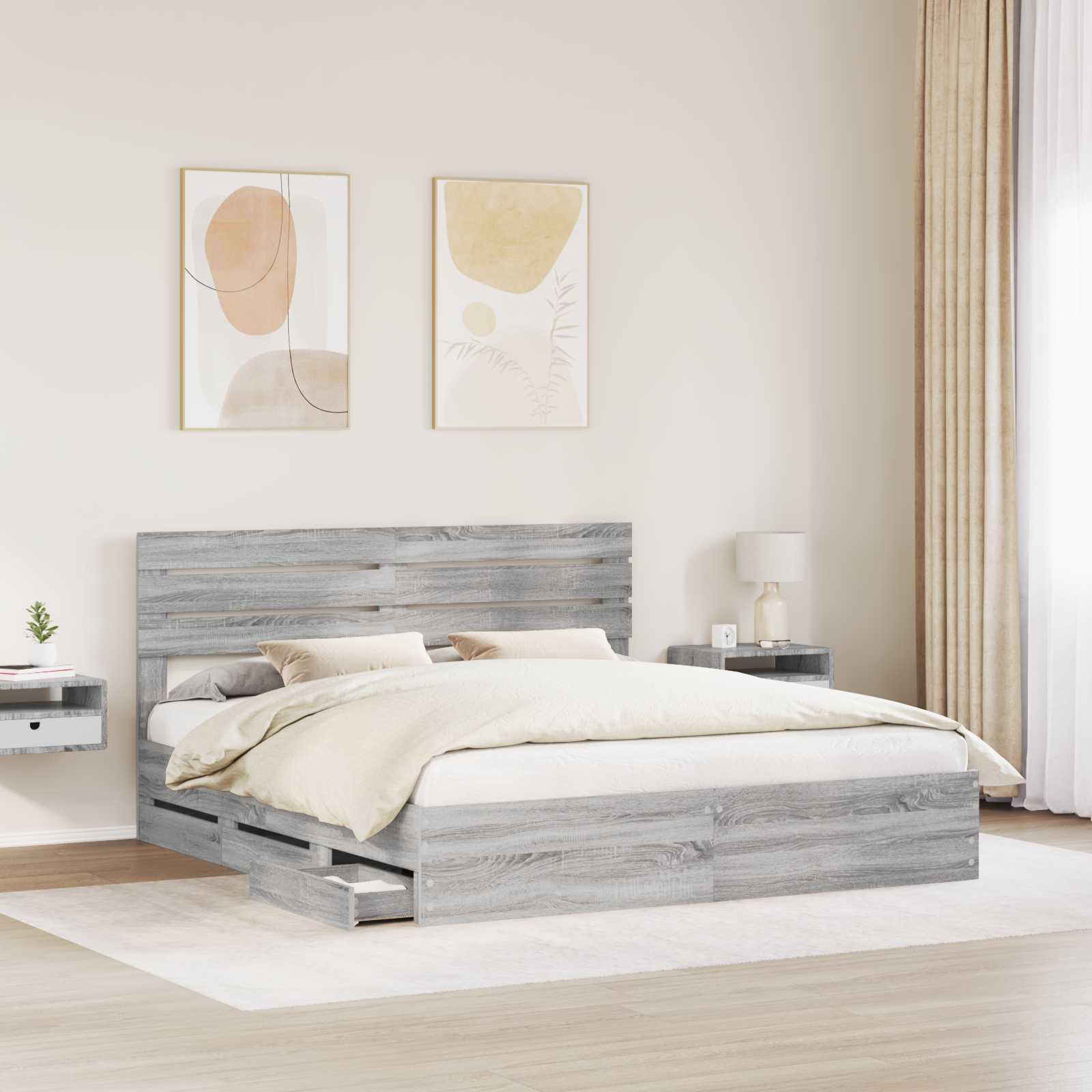 vidaXL Bed Frame with Drawer Grey Sonoma 200 x 200 cm Engineer Wood 3