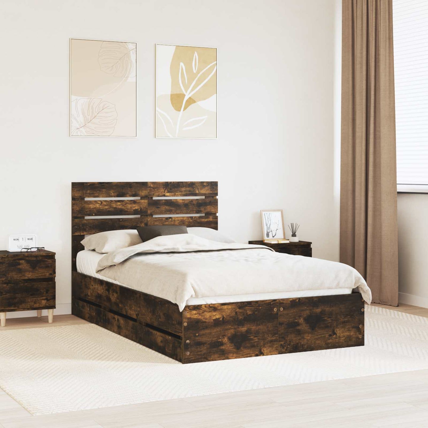 vidaXL Bed Frame with Drawer Smoked Oak 120 x 200 cm Engineer Wood 1