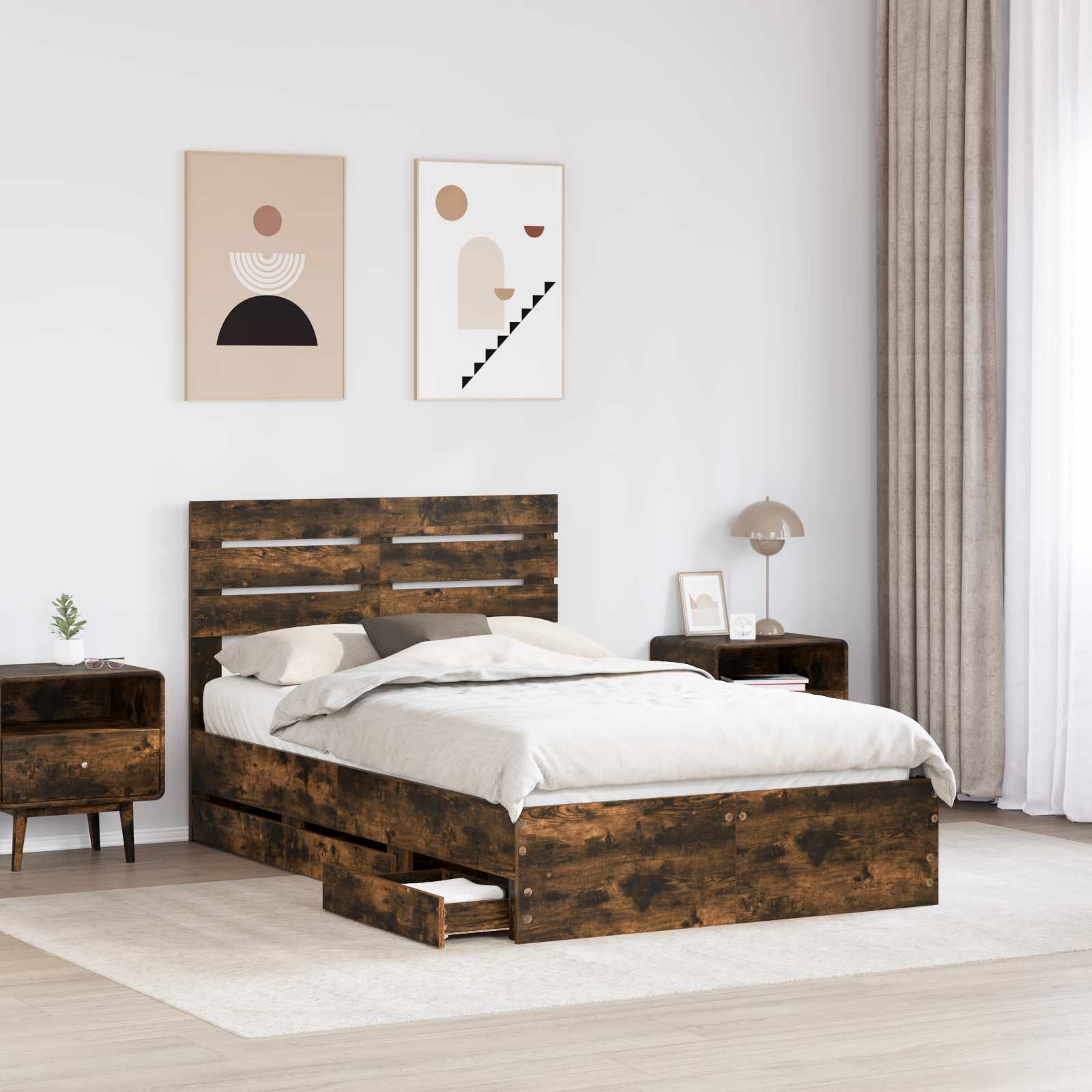 vidaXL Bed Frame with Drawer Smoked Oak 120 x 200 cm Engineer Wood 3