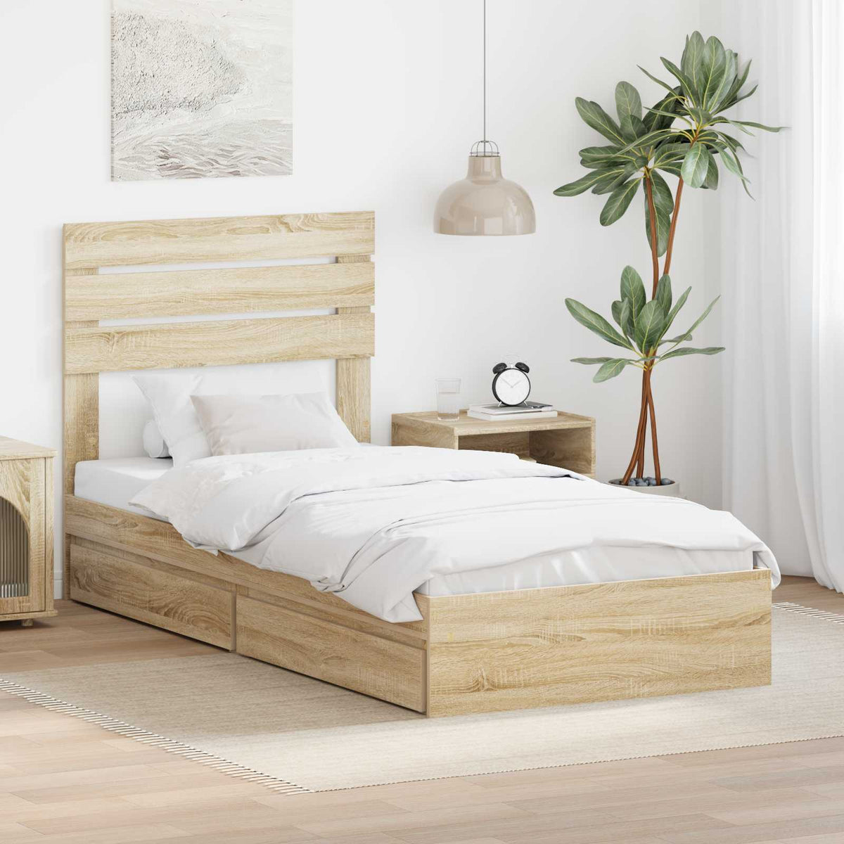 vidaXL Storage Bed with Drawer Engineered Wood Length 200 cm Sonoma oak