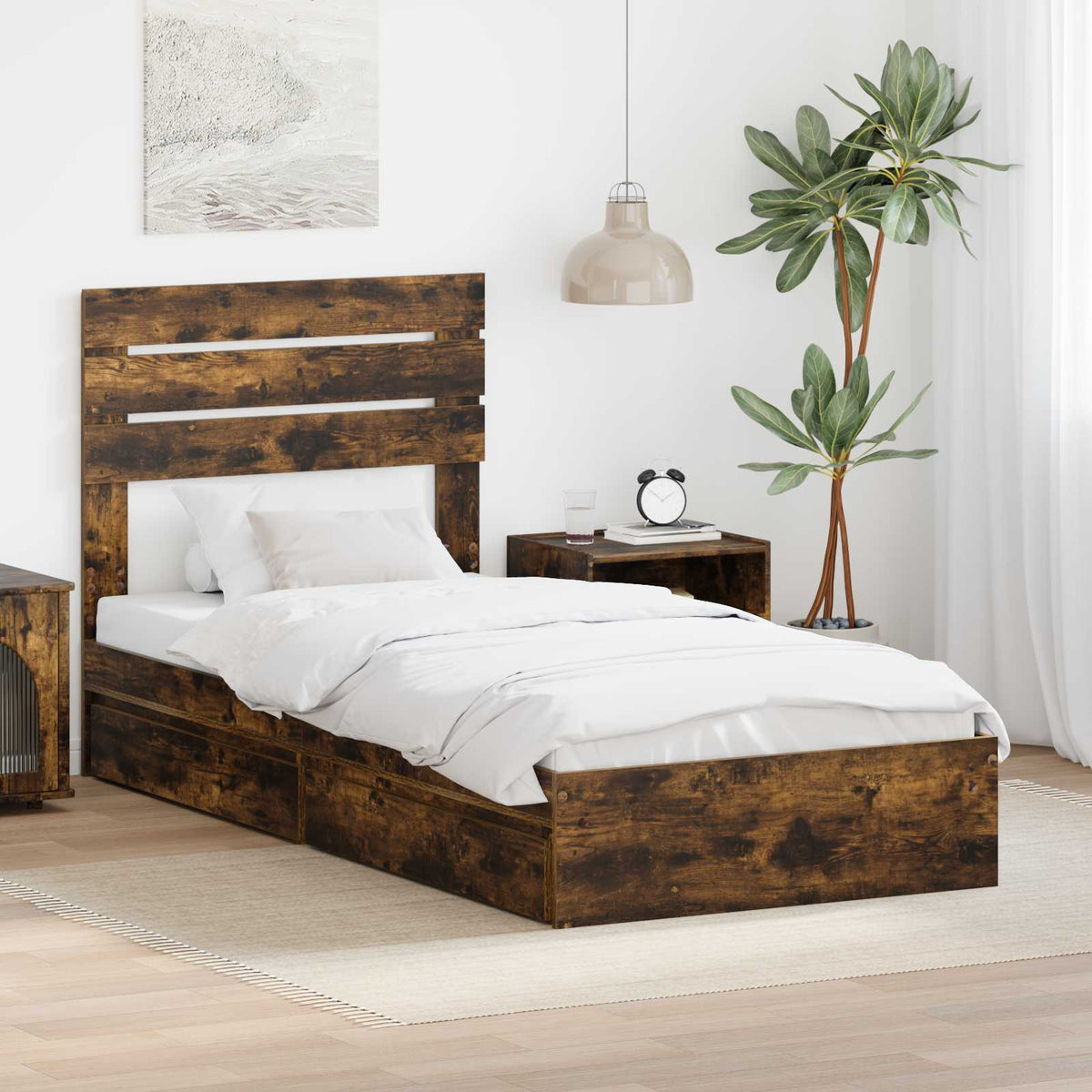 Storage Bed with Drawer Engineered Wood Length 190 cm Smoked oak 90 cm