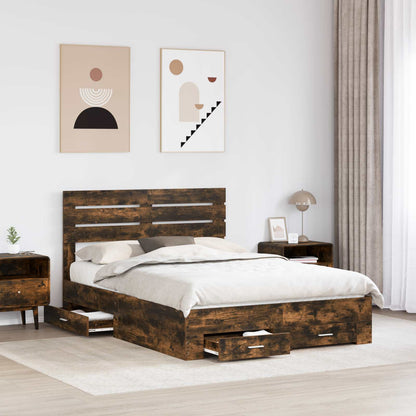 vidaXL Bed Frame with Drawer Smoked Oak 150 x 200 cm Engineered Wood 3