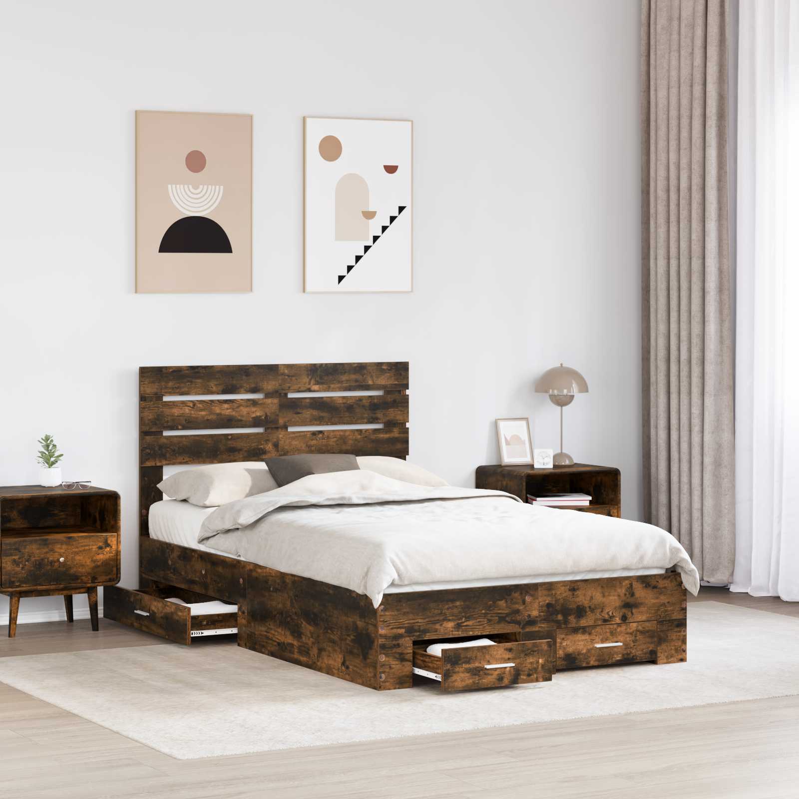 vidaXL Bed Frame with Drawer Smoked Oak 135 x 190 cm Engineered Wood 3