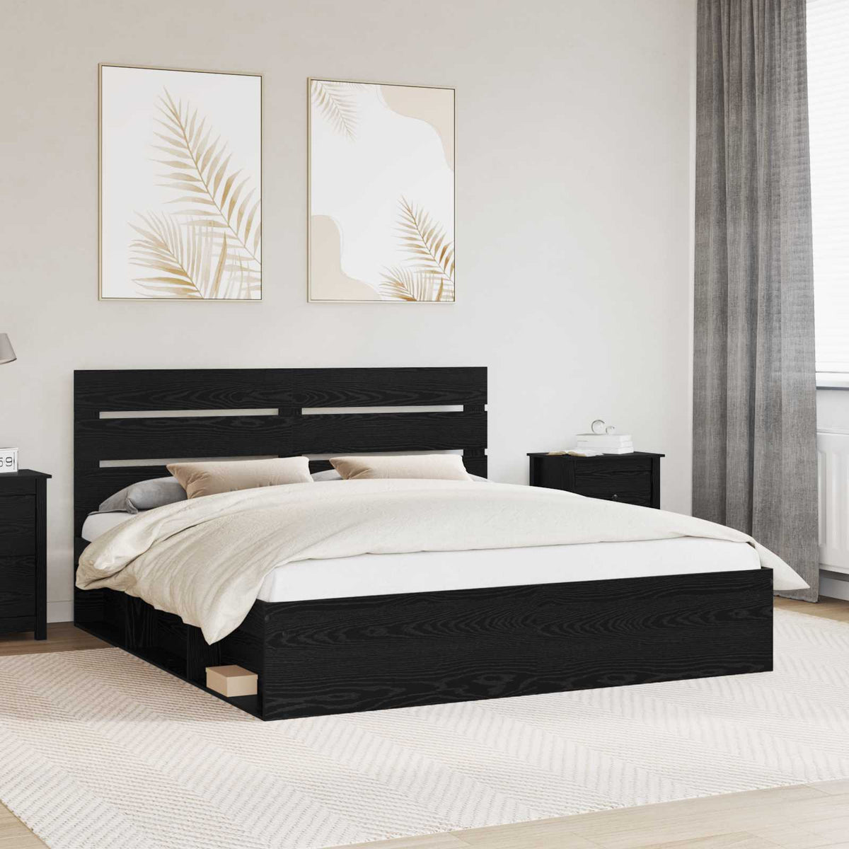 vidaXL Bed Frame with Headboard Black 200 x 200 cm Solid Pine Wood 1
