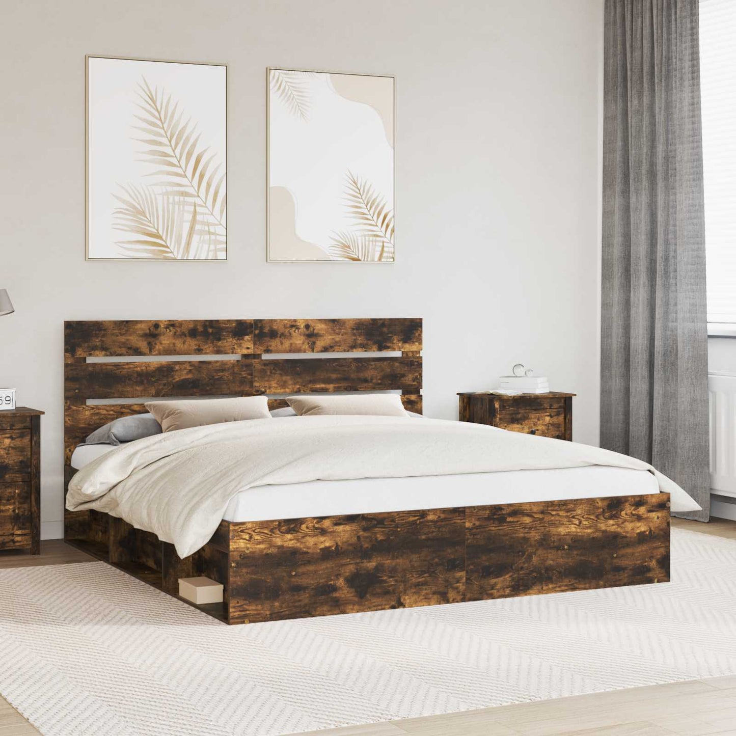 vidaXL Bed Frame Smoked Oak 200 x 200 cm Solid Pine Wood 1