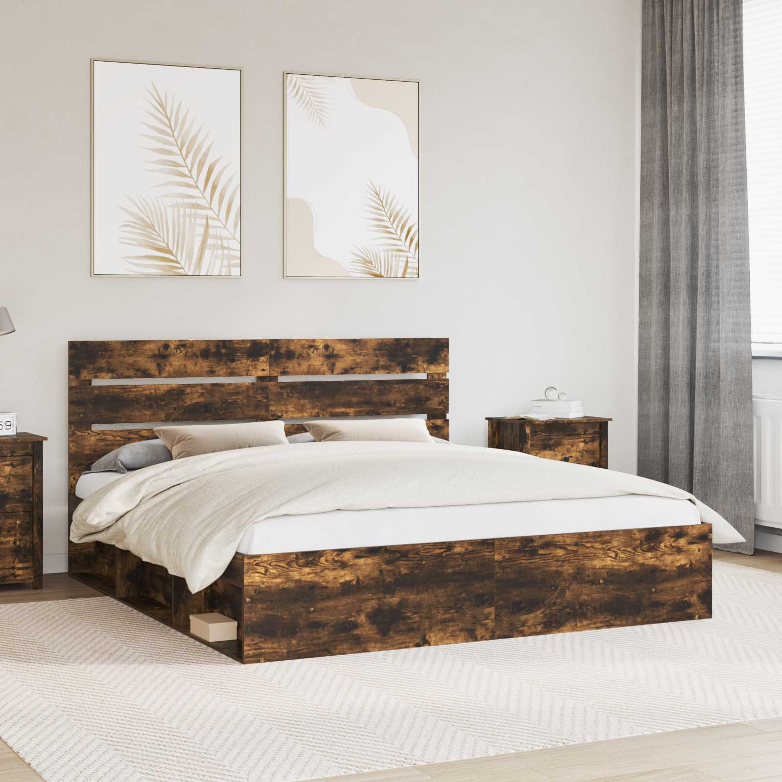 vidaXL Bed Frame Smoked Oak 200 x 200 cm Solid Pine Wood 1