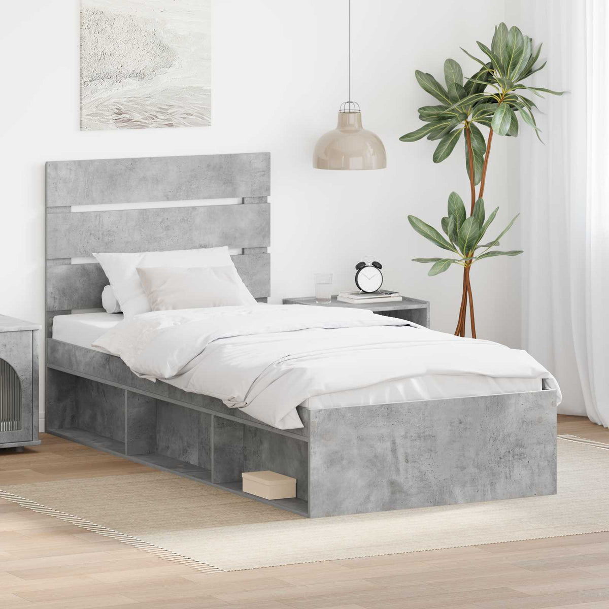 Bed Frame with Headboard Concerte Solid Pine Wood Length 200 cm Concrete Grey 90 cm