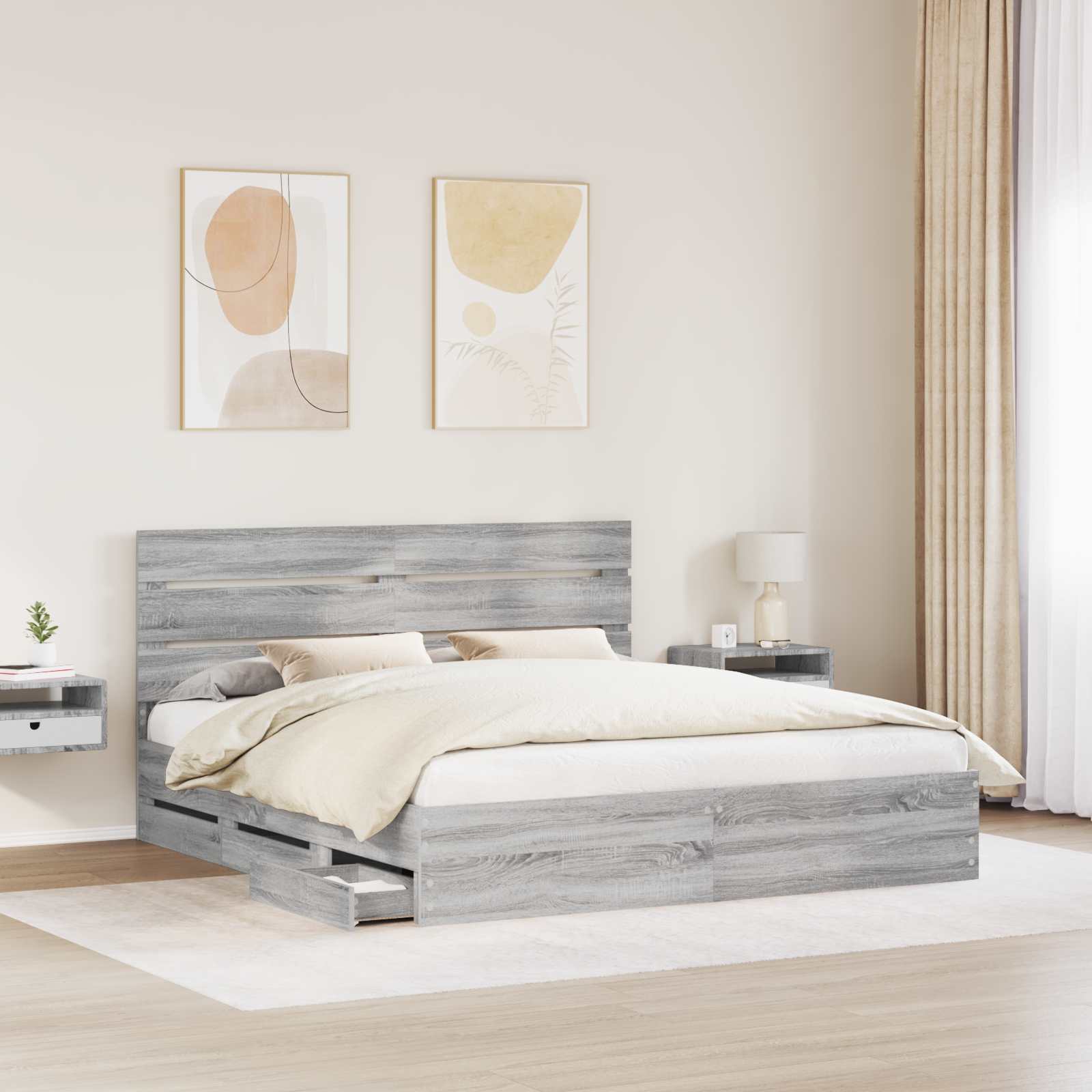 vidaXL Bed Frame with Drawer Grey Sonoma 200 x 200 cm Engineer Wood 3
