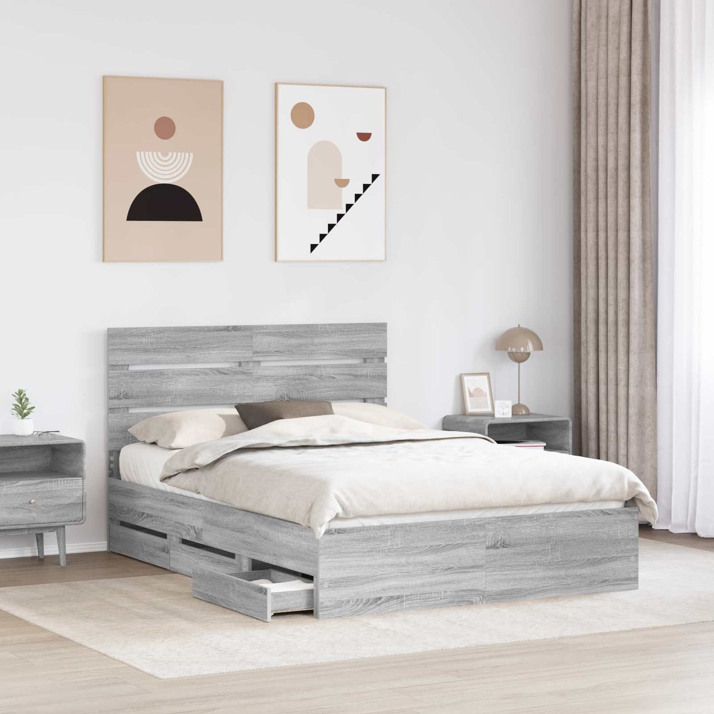 vidaXL Bed Frame with Drawer Grey Sonoma 140 x 200 cm Engineer Wood 3