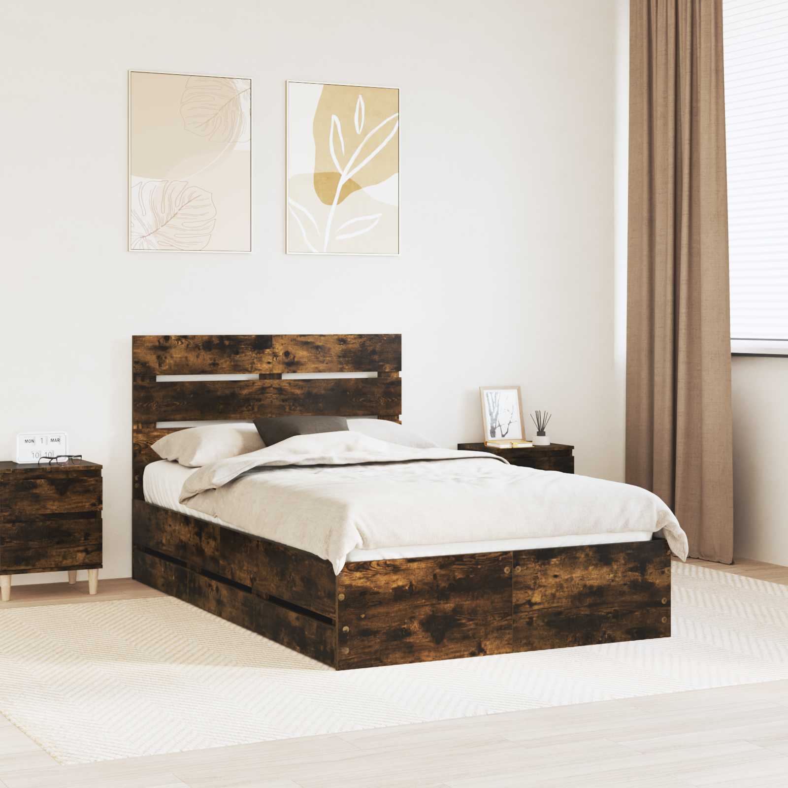 vidaXL Bed Frame with Drawer Smoked Oak 120 x 200 cm Engineer Wood 1